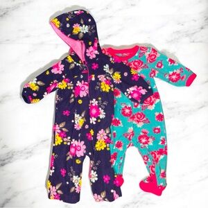 Carter’s floral fleece footie pajamas footless pjs baby girls 0-3 months Bundle